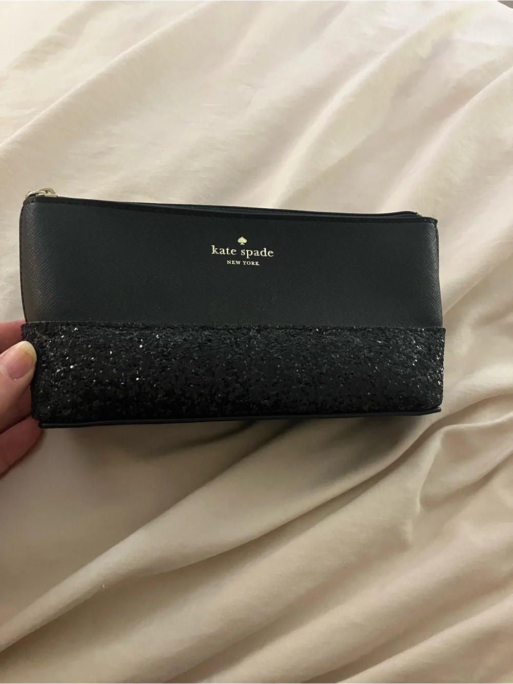 Kate Spade New York Black Saffiano Leather Glitter Makeup Bag Cosmetic Pouch Zip
